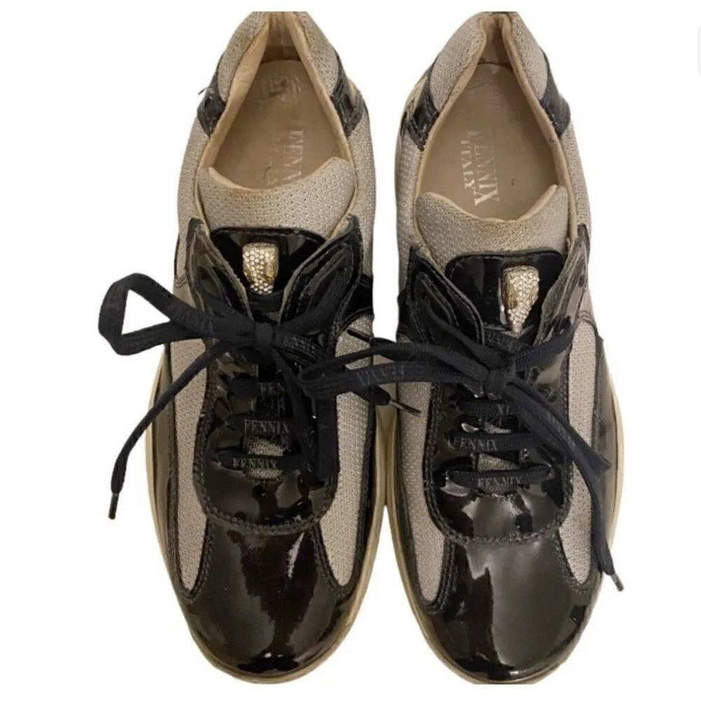 Fennix Italy Leather Navy Gray Sneakers Size 9.5 Swarovski crystals 495.00